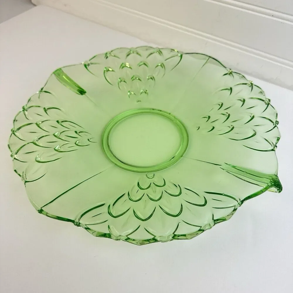 STÖLZLE Hermanova Czech Green Uranium Glass Handled Tray Art Deco Plate GLOWS